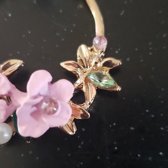 Handmade flower pink earrings yellow gold leaves - Picture 4 of 4